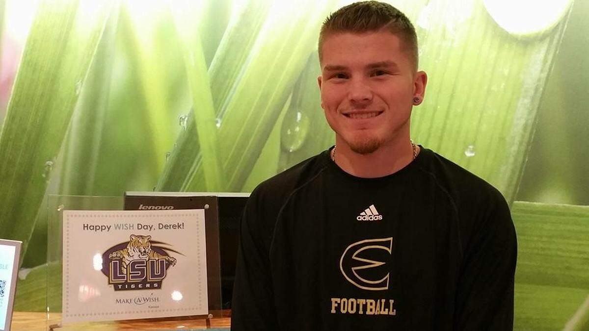 Now an assistant coach at Keller Central High School, Derek Hill has a daily battle with cystic fibrosis. As a youth, he was granted his wish of seeing an LSU football game and meeting his favorite player, Leonard Fournette, through the Make-A-Wish Foundation.