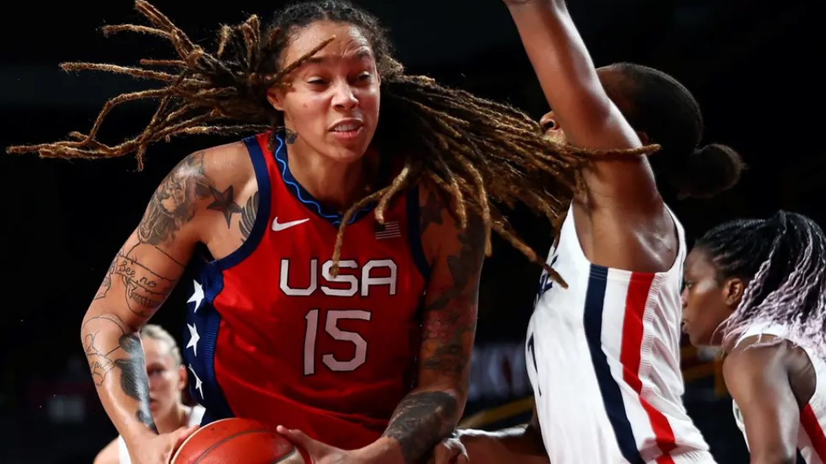 Brittney Griner in action at Saitama Super Arena in Japan during the Tokyo 2020 Olympic women’s basketball Group B game on Aug. 2, 2021.