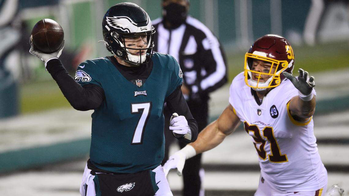 Philadelphia Eagles’ backup quarterback Nate Sudfeld took over for Jalen Hurts in the fourth quarter in a game in which Washington had to win to earn a playoff berth. The Eagles were trailing by only three at the time and lost 20-14.