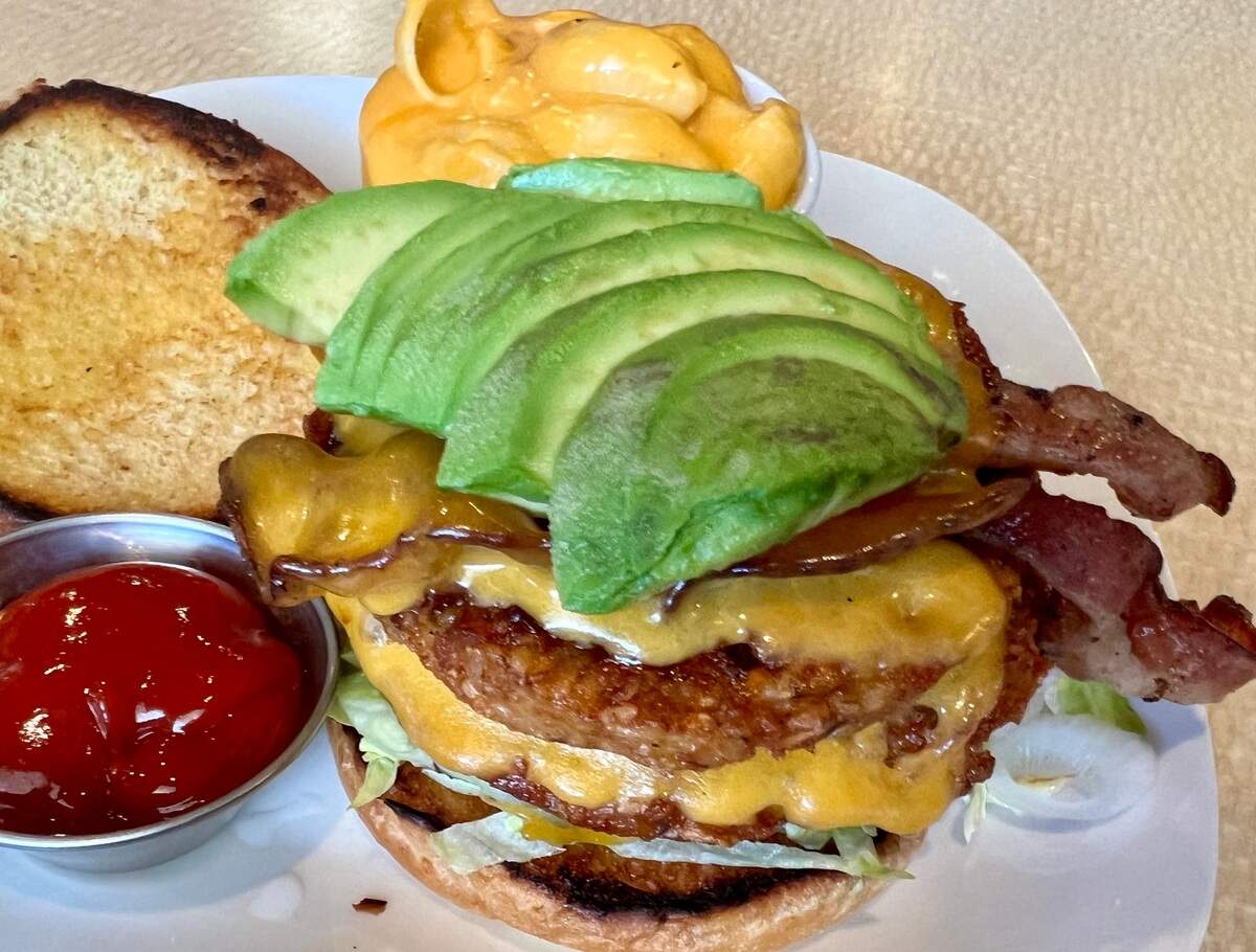 A garden burger version of TV’s “Original Chop House” burger July 19, 2023, added avocado to bacon, cheddar and steak sauce.