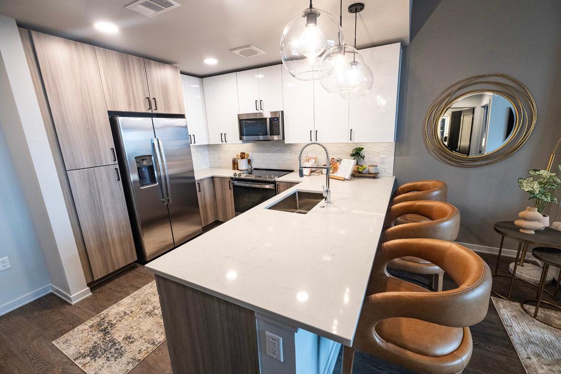 A model of the small to medium sized one bedroom, one bathroom apartment in the new Deco 969 High-Rise Apartments in downtown Fort Worth on Wednesday, July 17, 2024.