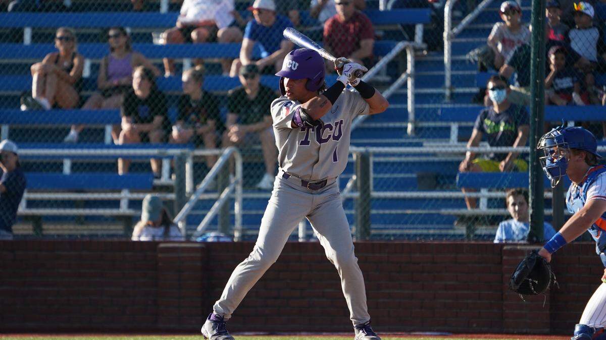 TCU’s Elijah Nunez scored one of the Frogs’ 10 runs in a 10-2 victory over UT Arlington on Tuesday night at Clay Gould Ballpark. The Frogs travel to Austin to take on No. 7 Texas in a three-game series starting Friday.