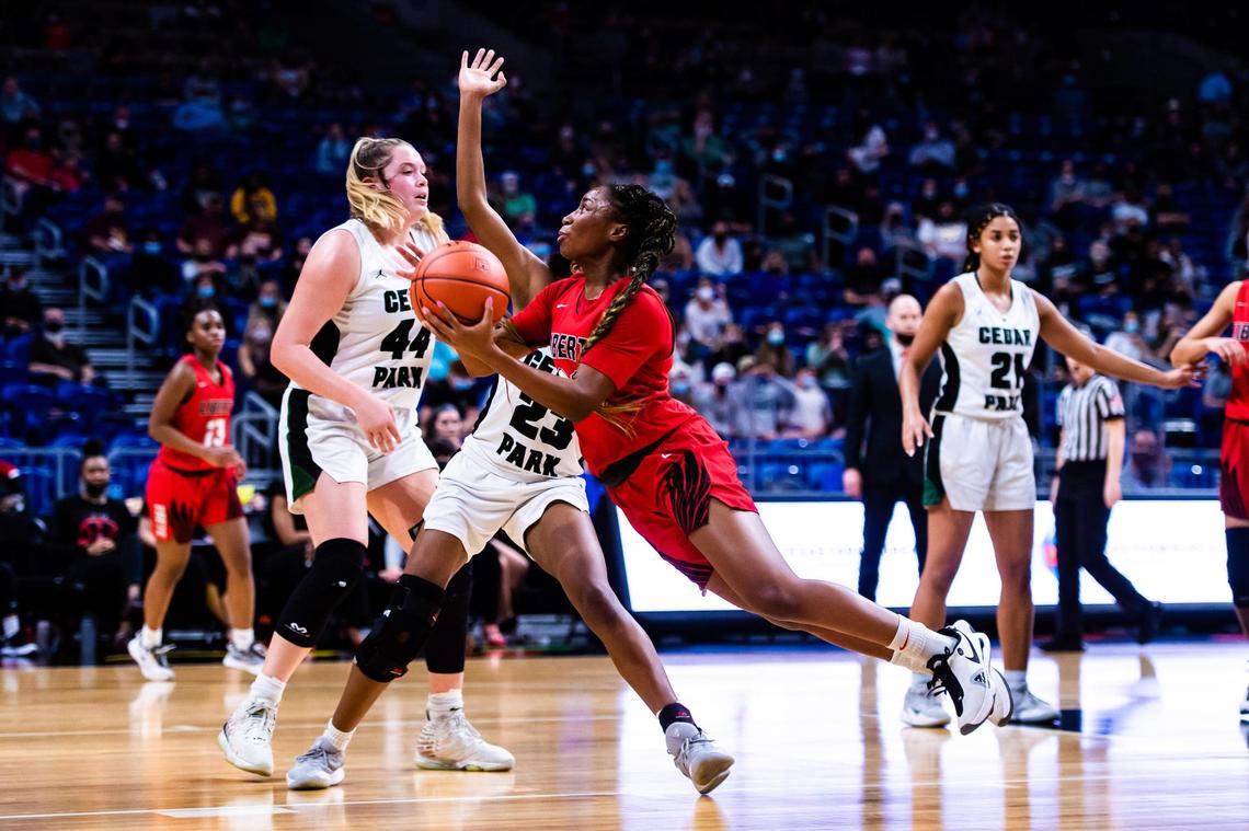 Jazzy Owens-Barnett drives the lane and is fouled during the 5A state final between Frisco Liberty and Cedar Park at the Alamodome in San Antonio Texas, on March 10, 2021. Cedar Park went on to win 46-39. (Photo by Matt Smith. Special to the Star-Telegram).