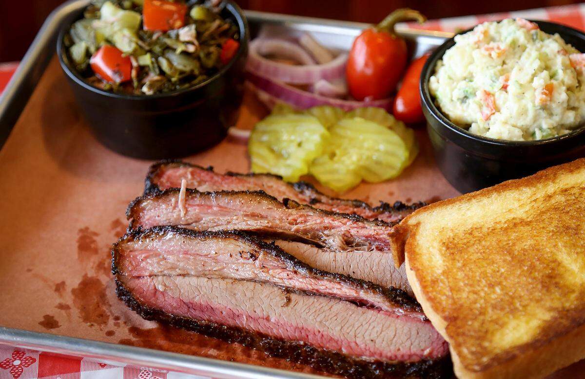 A brisket plate with all the fixings from Cousins Bar-B-Q on McCart Avenue in Fort Worth.