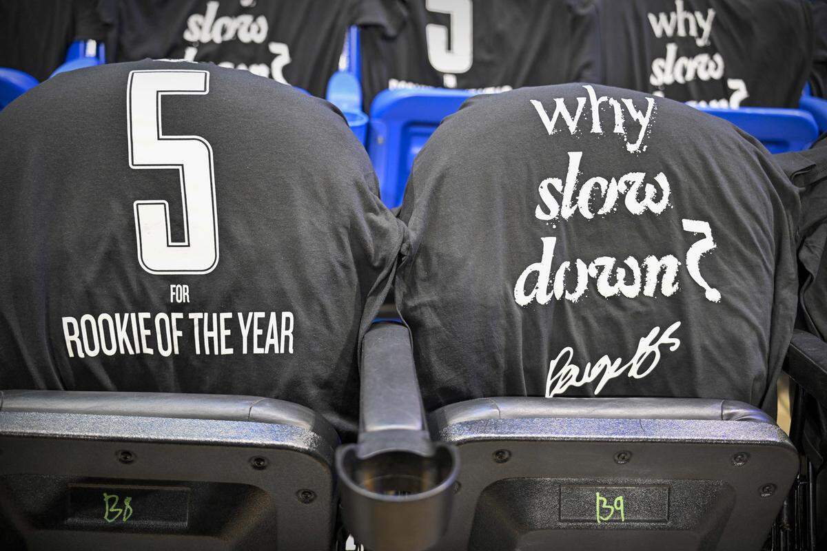 A view of WNBA Rookie of the Year shirts for Dallas Wings guard Paige Bueckers (5) before the game between the Wings and the Phoenix Mercury during the first half at College Park Center.