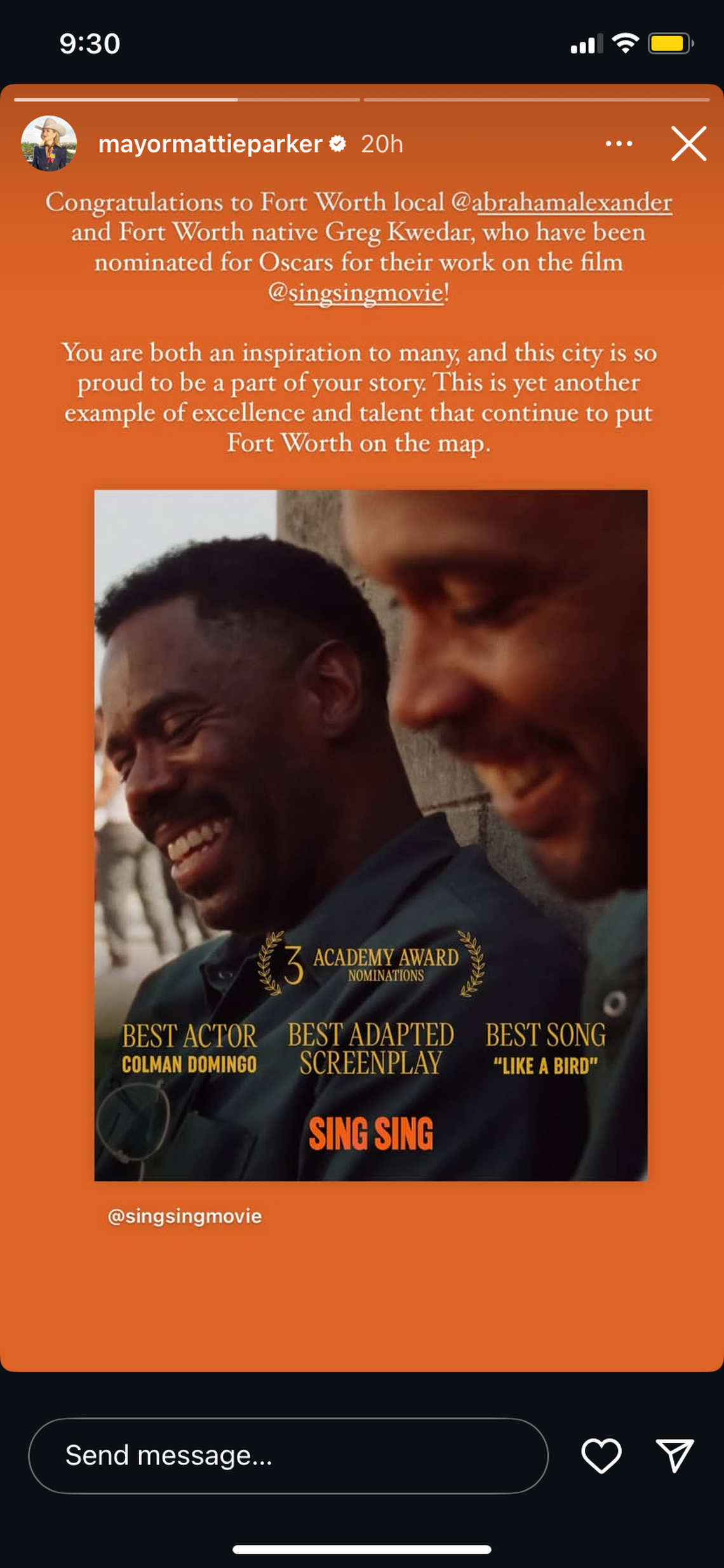Fort Worth Mayor Mattie Parker congratulated Greg Kwedar and Abraham Alexander for their Oscar nominations for the film “Sing Sing” on Thursday, Jan. 23, 2025.