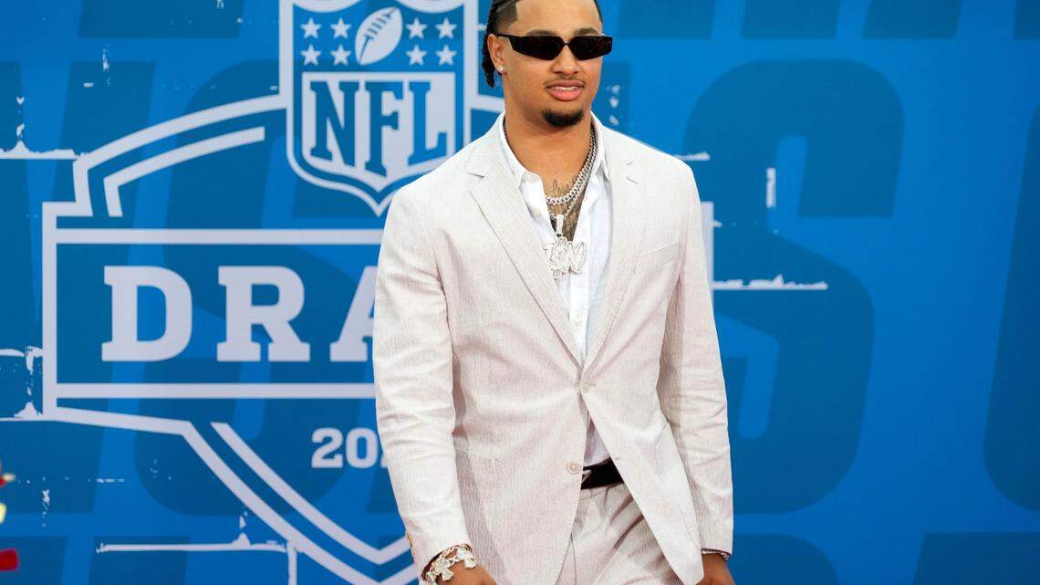 Apr 27, 2023; Kansas City, MO, USA; Ohio State wide receiver Jaxon Smith-Njigba walks the NFL Draft Red Carpet before the first round of the 2023 NFL Draft at Union Station. Mandatory Credit: Kirby Lee-USA TODAY Sports
