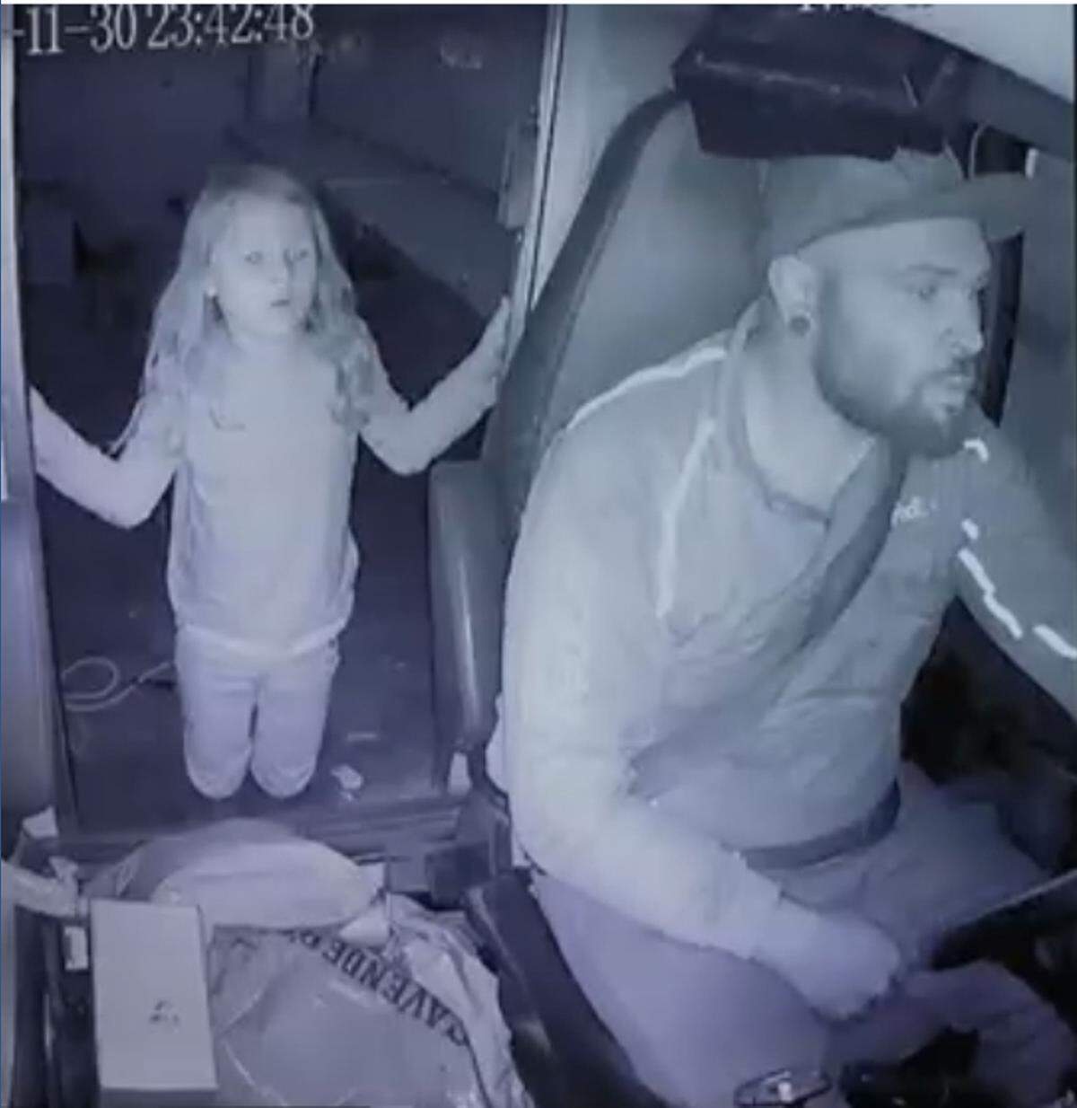 An image of Athena Strand inside the FedEx vehicle with Tanner Horner, which prosecutors said was seen on the van’s video camera before Horner covered the lens. The image is from the day Athena was killed, Nov. 30, 2022.