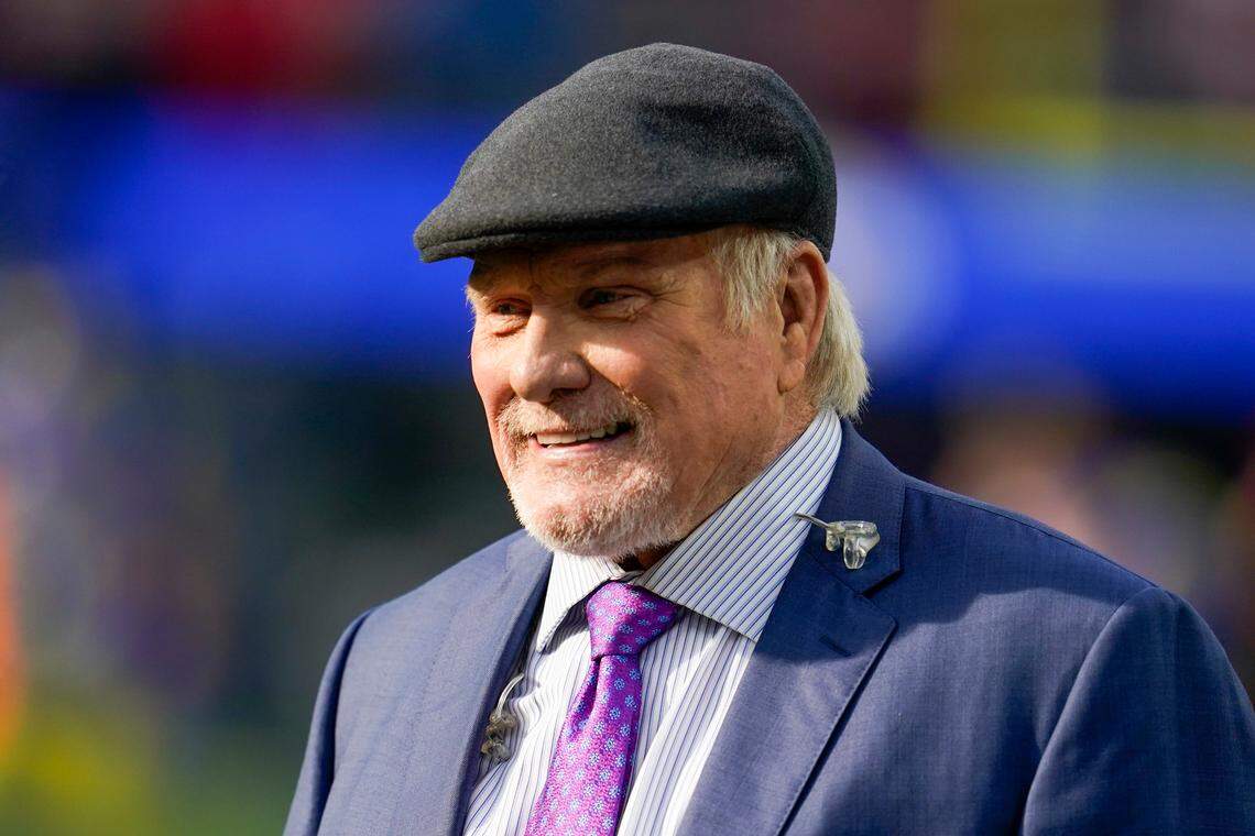 Fox commentator Terry Bradshaw is sen before the NFC Championship NFL football game between the Los Angeles Rams and the San Francisco 49ers Sunday, Jan. 30, 2022, in Inglewood, Calif. (AP Photo/Marcio Jose Sanchez)