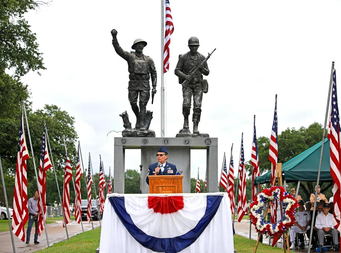 Retired Air Force SMSgt. Mary Staffeld asked for remembrance of more than a half dozen military personnel and families during the 96th Fort Worth Memorial Day Service at Mount Olivet Cemetery in Fort Worth, Texas, Monday, May 26, 2025.