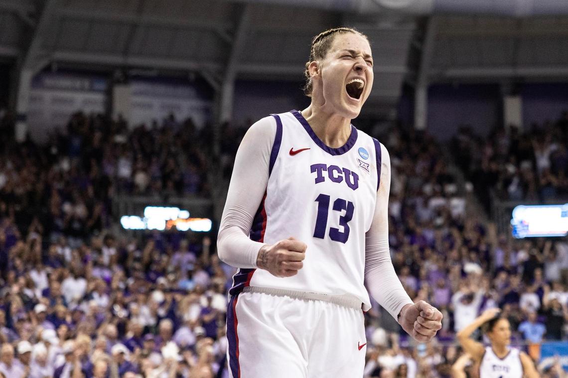 TCU center Sedona Prince (13) celebrates after the defense got a stop in the first half of the second round of the Women’s NCAA Championships Tournament game between TCU and Louisville at Schollmaier Arena in Fort Worth on Sunday, March 23, 2025.