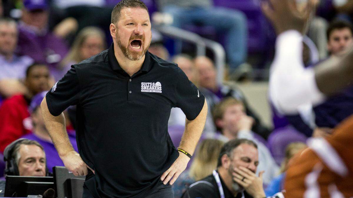 Texas coach Chris Beard yells out some pointers during Tuesday night’s game against TCU. Beard and the Longhorns have not had many impressive victories this season, but dominated the Horned Frogs in a 73-50 victory in Fort Worth.