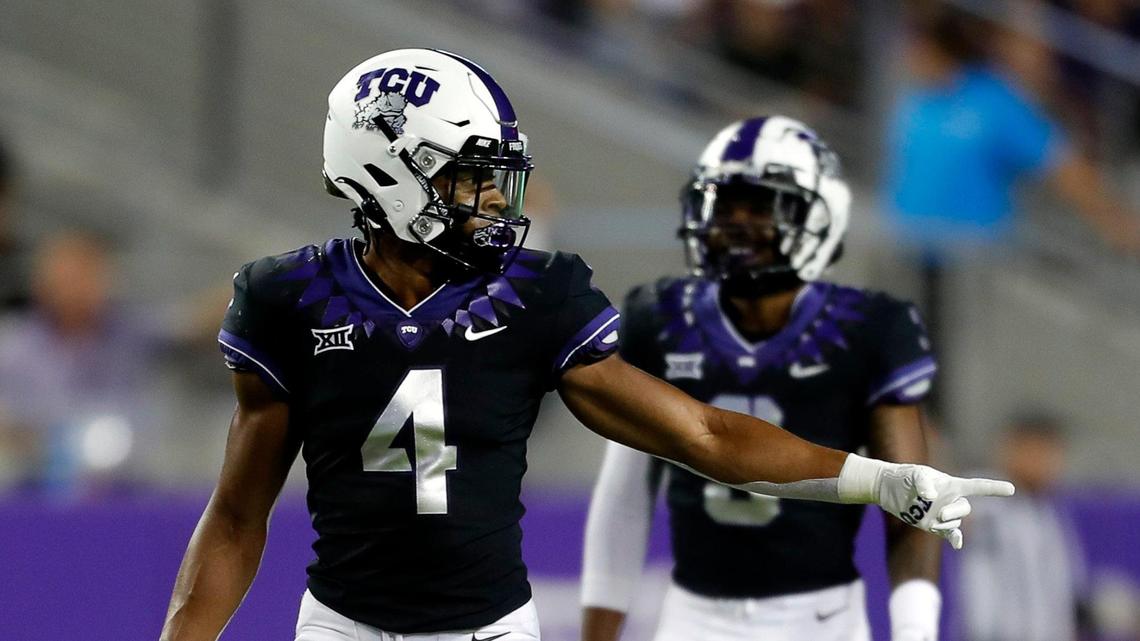 TCU safety Michael Onyemaobi (4) is expected to enter the NCAA transfer portal. He has one season of eligibility remaining.