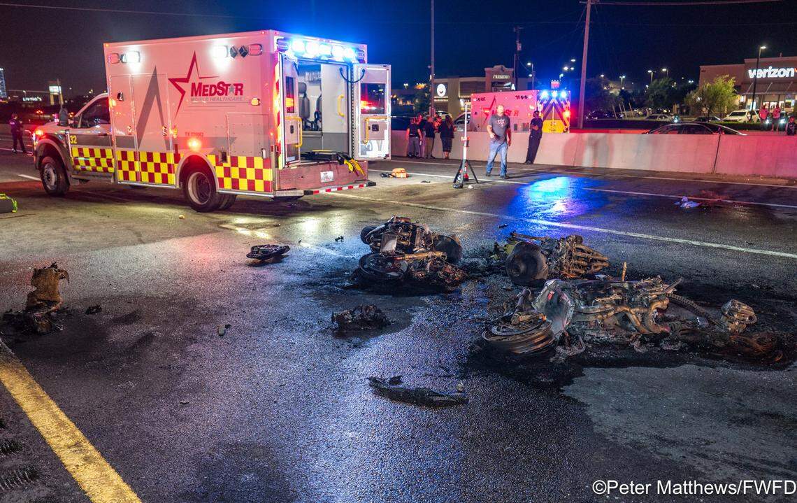 Seventeen people were injured when about 15 motorcycles crashed and caused a fire in the southbound express lanes of Interstate 35W in far north Fort Worth on Friday night, April 18, authorities said.