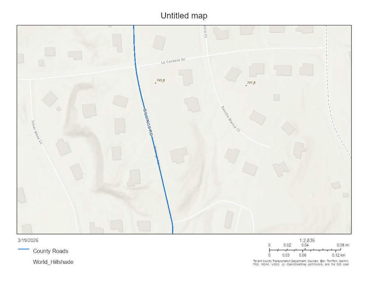 This section of Billings Road, in blue, lies behind the gates of the La Cantera neighborhood in Tarrant County despite being designated as a public road. How this happened is a mystery.