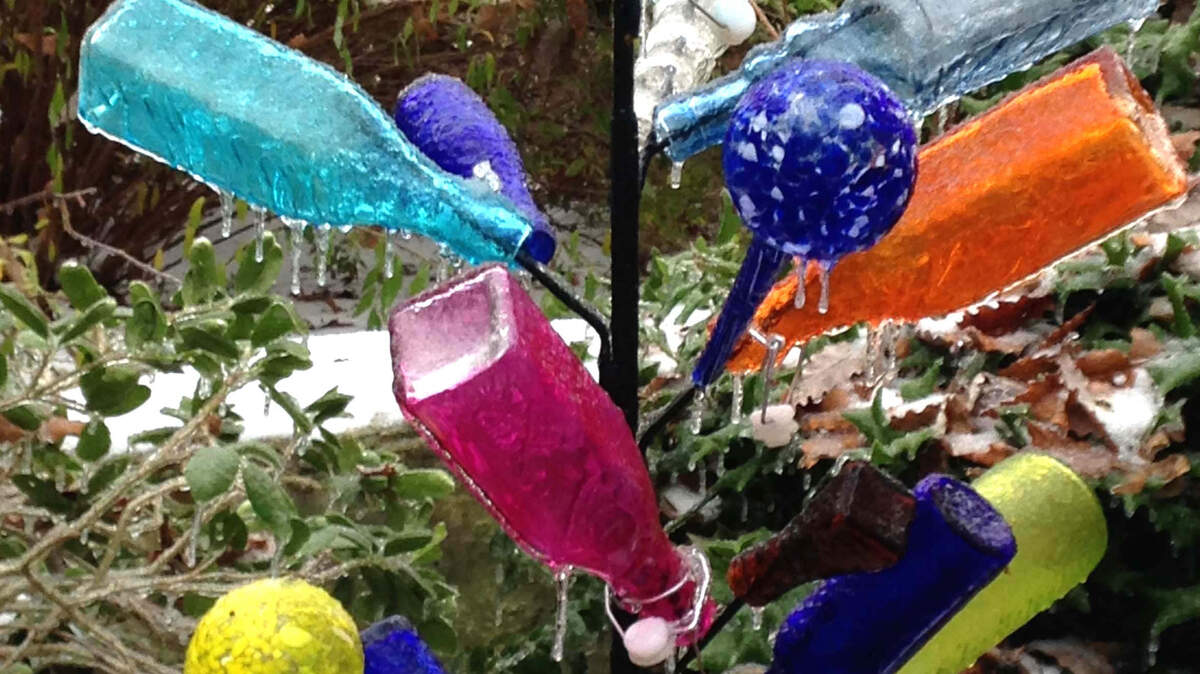 A bottle tree in ice can be seen along Sperry Drive.
