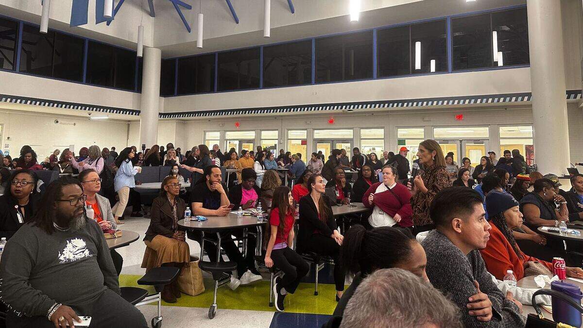 Fort Worth ISD Interim Superintendent Karen Molinar speaks to parents and other community members at O.D. Wyatt High School on Monday night, Feb. 24, to review options being discussed for potential school closures.