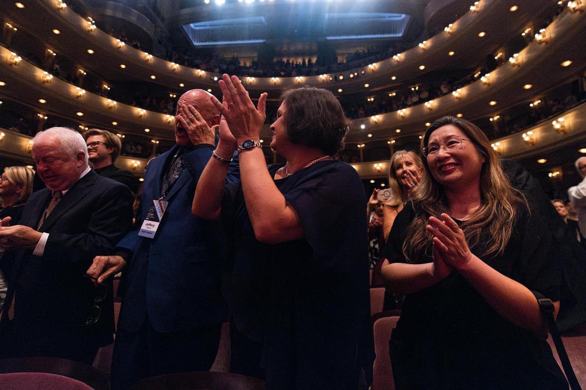 Family and friends react to Aristo Sham of Hong Kong, China winning the Nancy Lee and Perry Bass Gold Medal award and Van Cliburn Winners Cup during the Van Cliburn International Piano Competition Awards Ceremony at Bass Performance Hall in Fort Worth on Saturday, June 7, 2025.