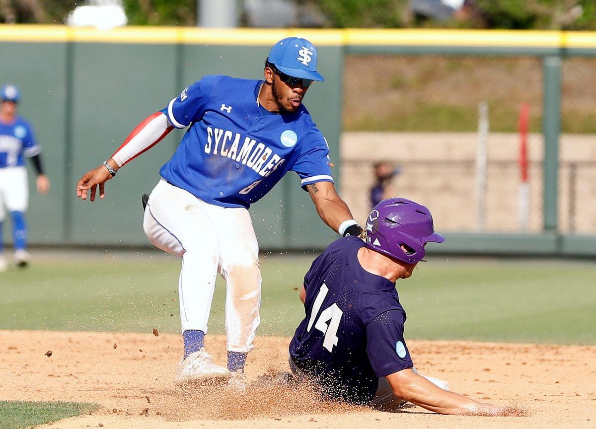 Indiana State short stop Randal Diaz (8) gets TCU catcher Karson Bowen (14) at second in game one of the NCAA Super Regional between TCU and Indiana State at Lupton Stadium in Fort Worth, Texas, Friday June 09, 2023. TCU defeated Indiana State 4-1. (Special to the Star-Telegram Bob Booth)