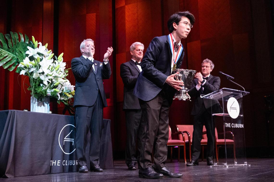 Aristo Sham of Hong Kong, China reacts after winning the Nancy Lee and Perry Bass Gold Medal award and Van Cliburn Winners Cup during the Van Cliburn International Piano Competition Awards Ceremony at Bass Performance Hall in Fort Worth on Saturday, June 7, 2025.