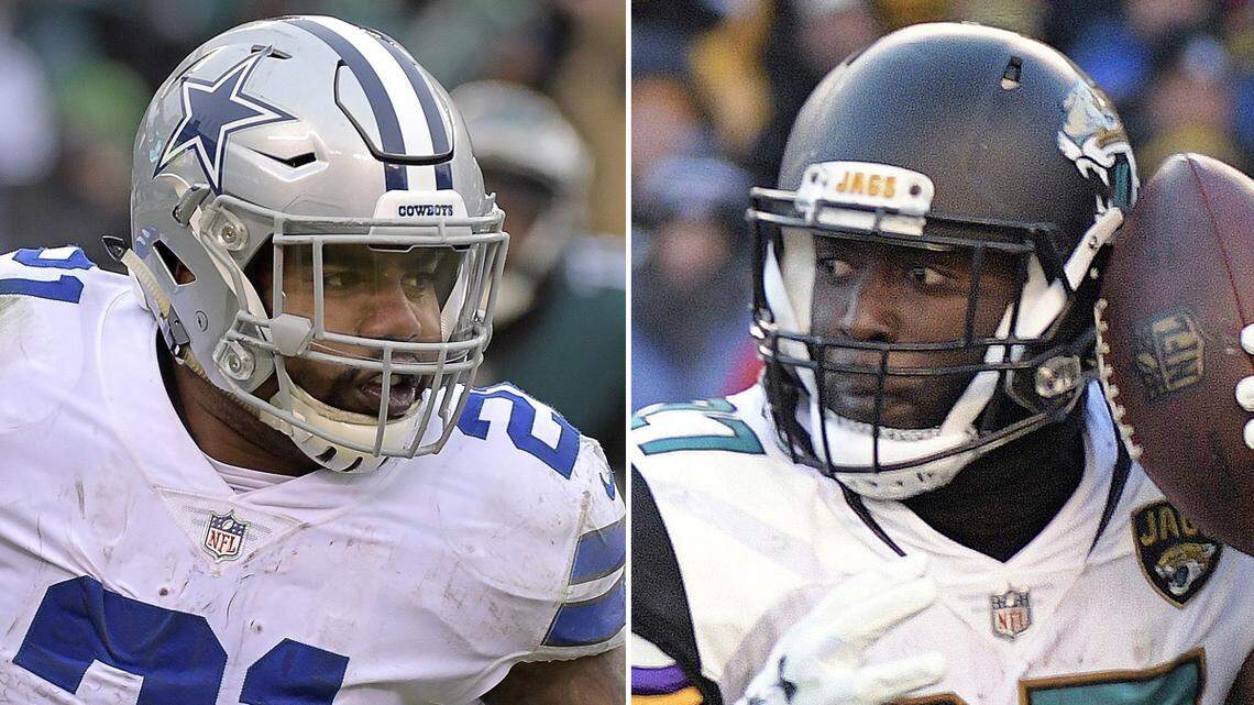 Cowboys running back Ezekiel Elliott (21) and Jaguars running back Leonard Fournette (27) are pictured in this composite photo.