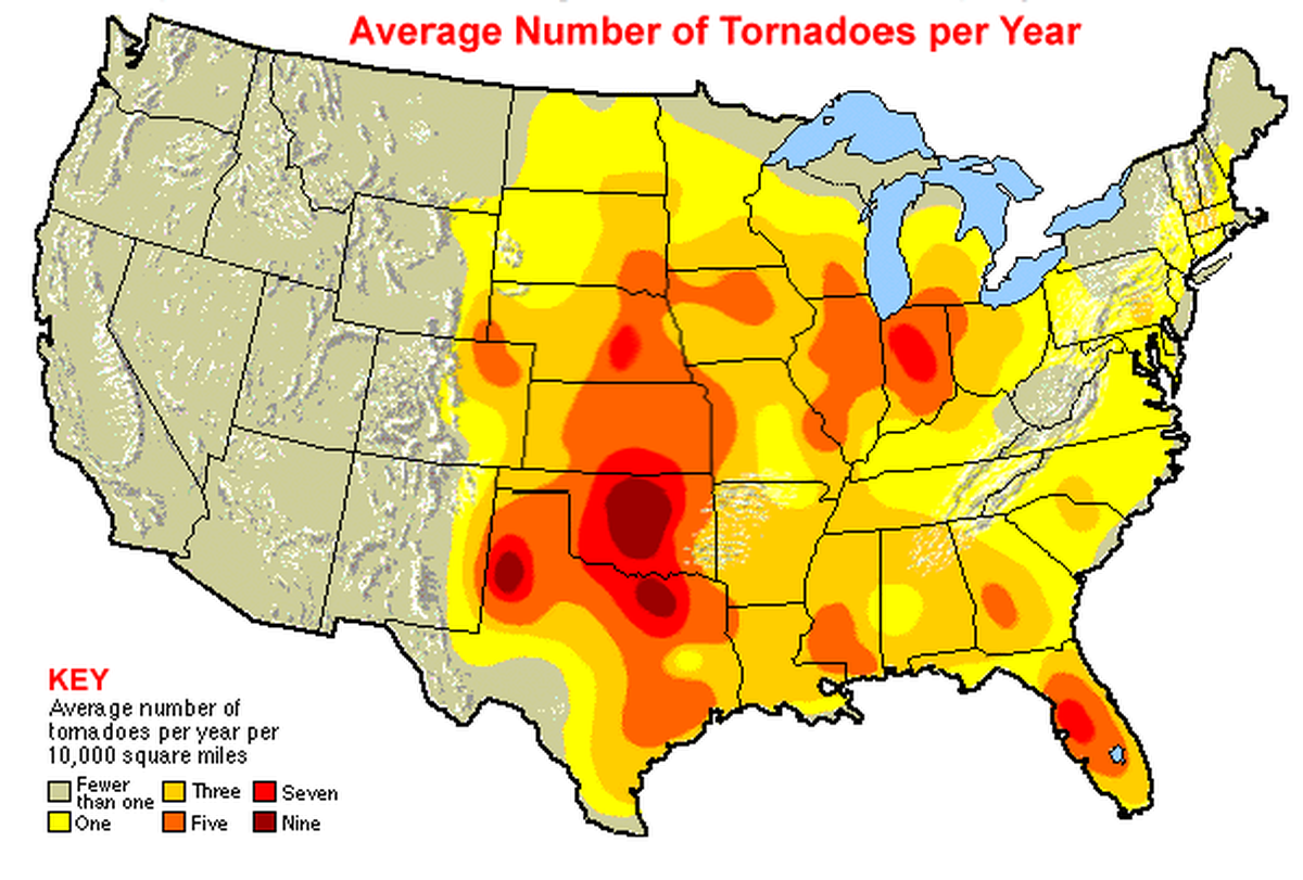 Texas and Oklahoma have historically had the most tornadoes per year per 10,000 square miles, according to&nbsp;the University Corporation for Atmospheric Research.
