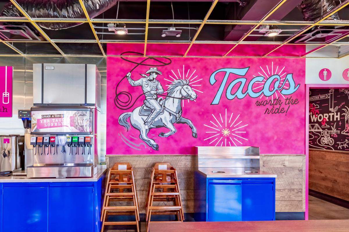 The Velvet Taco in north Fort Worth has a “taco wall” for social media photos., seen April 13, 2025.