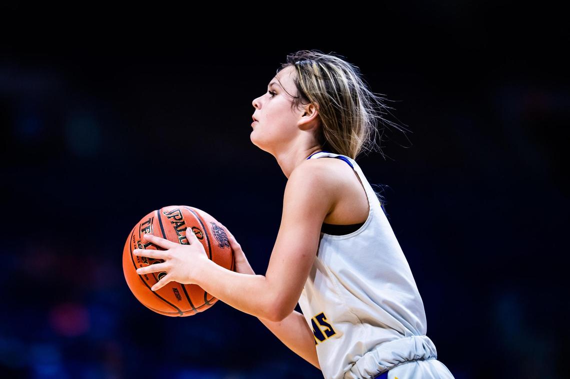 Lynsey Little prepares to take a three point shot during the 2A state final between Lipan and Martin’s Mill at the Alamodome in San Antonio Texas, on March 11, 2021. Lipan went on to win 44-39. (Photo by Matt Smith. Special to the Star-Telegram).