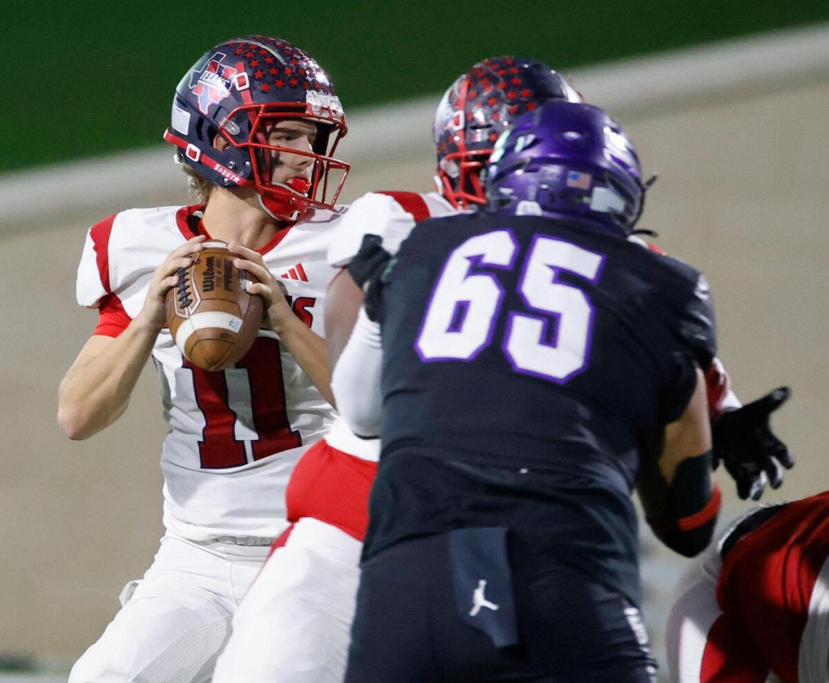 Northwest quarterback Ryder Norton (11) looks for a receiver in the flat during a UIL Class 6A D2 Bi-district playoff football game at Crowley ISD Multi-Purpose Stadium in Fort Worth, Texas, Friday, Nov. 15, 2024.