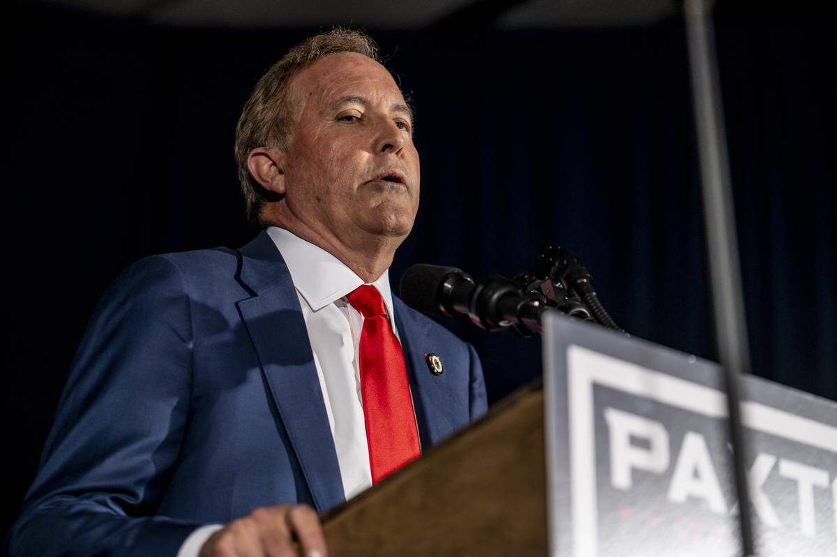 DALLAS, TEXAS - MARCH 3: GOP Texas Senate Candidate Ken Paxton speaks to supporters at a watch party on March 3, 2026 in Dallas, Texas. Paxton and incumbent John Cornyn will face off again in a run off. (Photo by Sergio Flores/Getty Images)