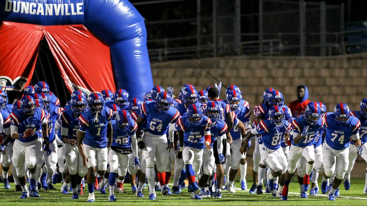 The Duncanville Panthers enter the field to face the Arlington Lamar Vikings, Friday night, November 30, 2018 in the 6A Division I regional playoff game played at Newsom Stadium in Mansfield, TX.