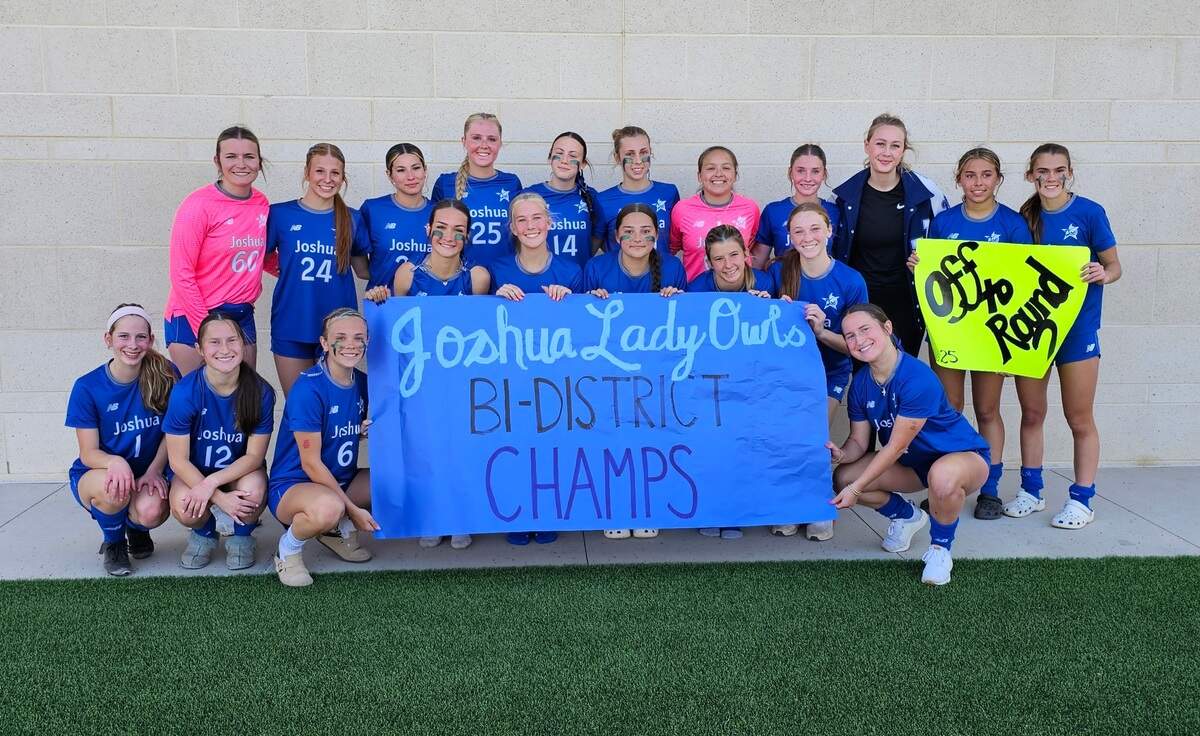 The Joshua girls soccer team poses after defeating Fort Worth Trimble Tech in a Class 5A Division 2 bi-district match on Friday, March 21, 2025 at the Crowley ISD Multi-Purpose Stadium in Fort Worth, Texas. Joshua defeated Trimble Tech 7-1.