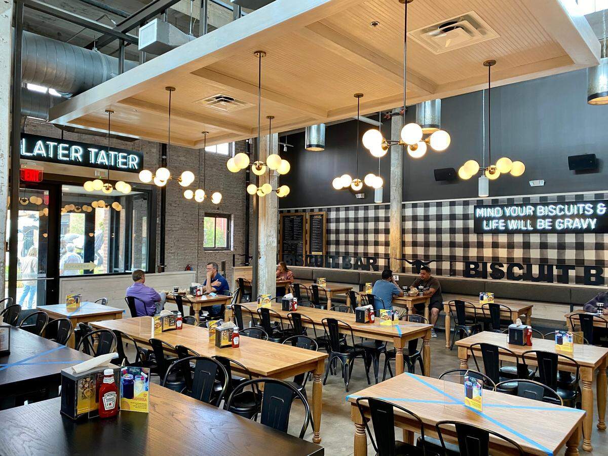 The dining room at the Biscuit Bar in the Stockyards’ Mule Alley development.