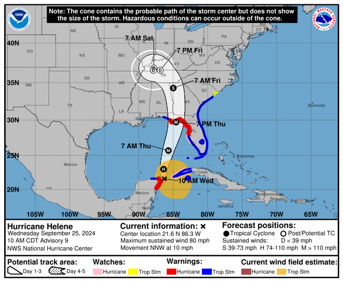The current projections show that Hurricane Helene will make landfall in Florida late Thursday.