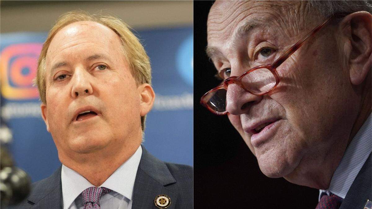 Left: Texas Attorney General Ken Paxton (Jay Janner-USA TODAY NETWORK). Right: U.S. Senate Majority Leader Chuck Schumer (Jack Gruber-USA TODAY)