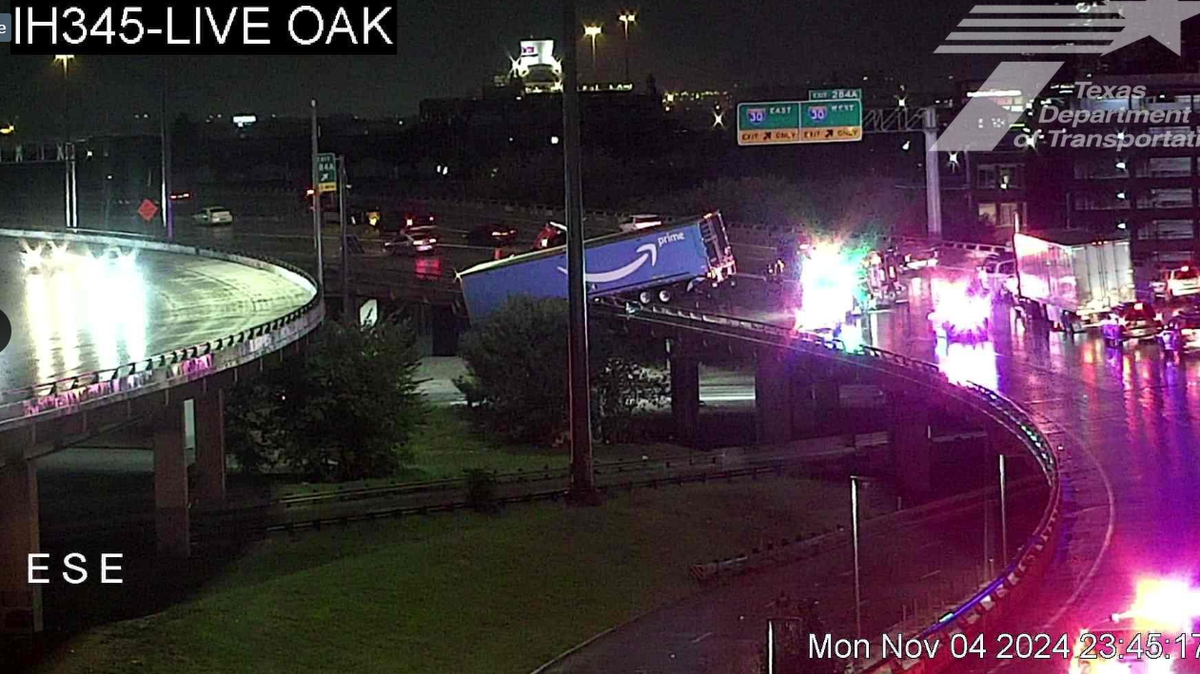 An Amazon tractor-trailer crashed on Interstate 345 near downtown Dallas late Monday. Officials say weather was a factor in the accident.