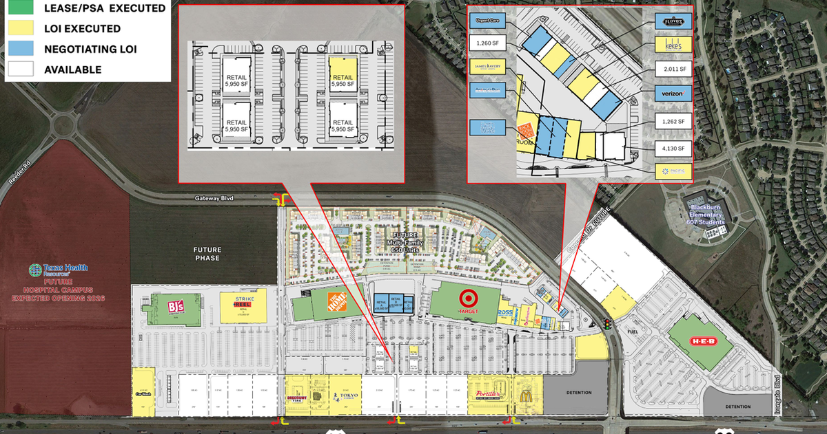 A map of new shopping center the Villages at Gateway included in a flyer advertising the development. The retail hub, which is slates to include restaurants and stores, will be home to the first H-E-B in Forney, Texas.