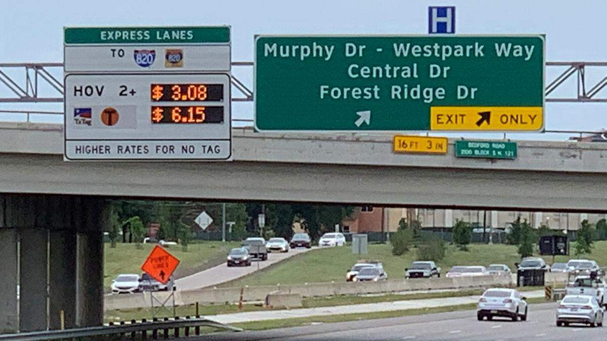 Highway sign next to a TEXpress sign located in Tarrant County.