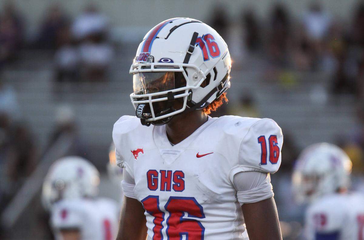 Grapevine’s Jaylen Carson gets ready for a play against Everman in a District 3-5A D2 game on Friday, September 12, 2025 at Marr Stadium in Everman, Texas.