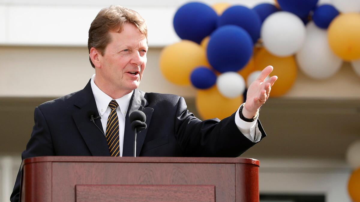 Texas Wesleyan University president Frederick G. Slabach addresses the audience during the ribbon-cutting for the Nick and Lou Martin University Center on Tuesday in Fort Worth.