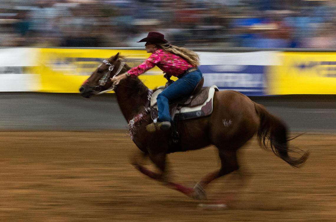 Kylee Scribner of Azle rides in barrel racing during the first performance of the Cowboy Capital of the World PRCA Rodeo on Friday, Sept. 23, 2022, in Stephenville.