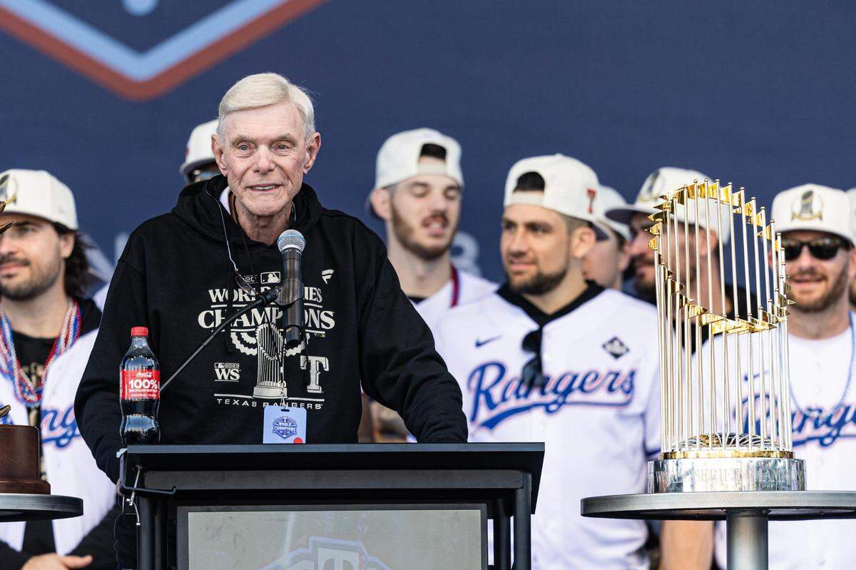 Texas Rangers Owner Ray Davis speaks to the crowd gathered to celebrate the Texas Rangers World Series championship at the Celebration Ceremony at the Texas Live! Plaza in Arlington on Nov. 3, 2023.