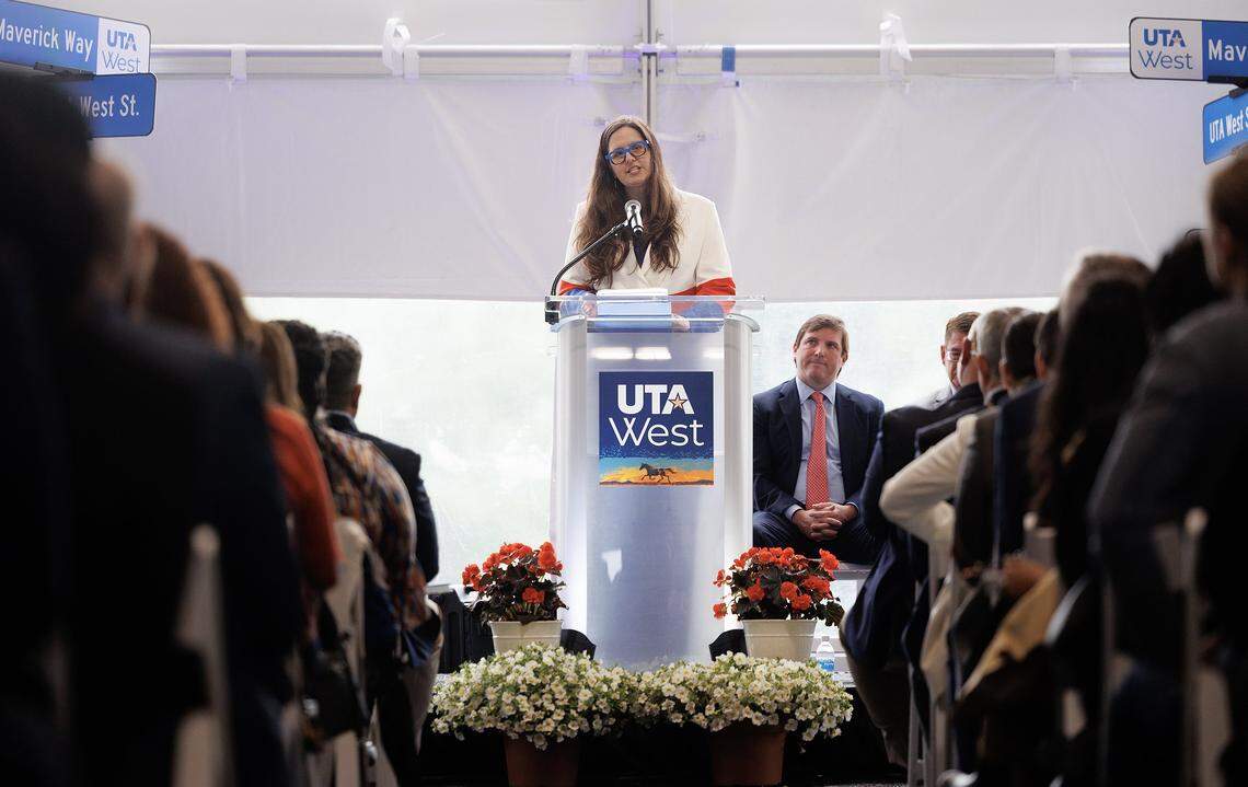 UTA President Jennifer Cowley speaks during the ground breaking for the new UTA West campus on Thursday, April 3, 2025.