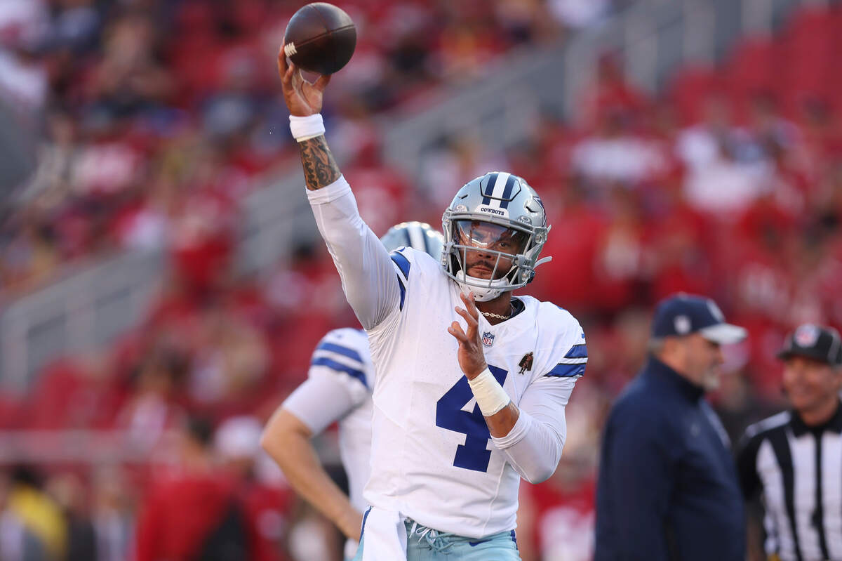 Dallas Cowboys quarterback Dak Prescott warms up before an NFL football game against the San Francisco 49ers in Santa Clara, Calif., Sunday, Oct. 8, 2023.