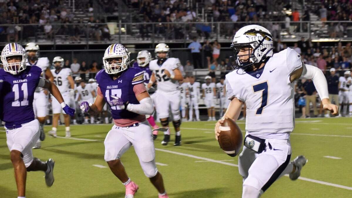 Keller defensive back Jacob Just, right, tackles Keller Timber Creek receiver Blaine Everage after a catch runs in the first quarter of a UIL football game at KISD Athletic Complex on Friday, Oct. 25, 2024.