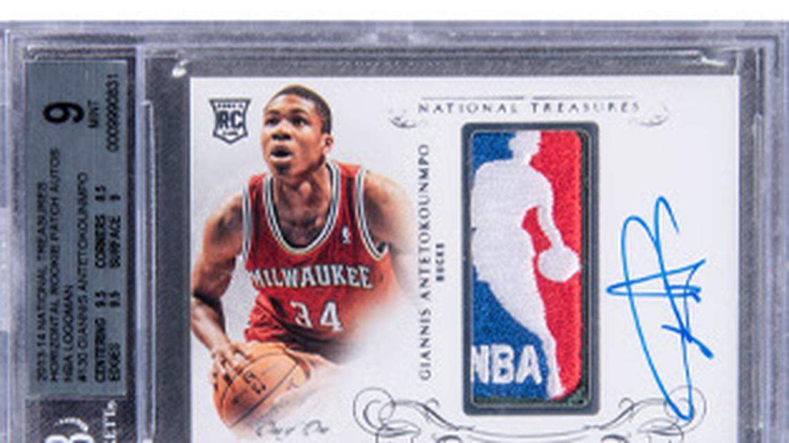 The 2013-14 National Treasures Horizontal (RPA) #130 Giannis Antetokounmpo Signed NBA Logoman Patch Rookie Card