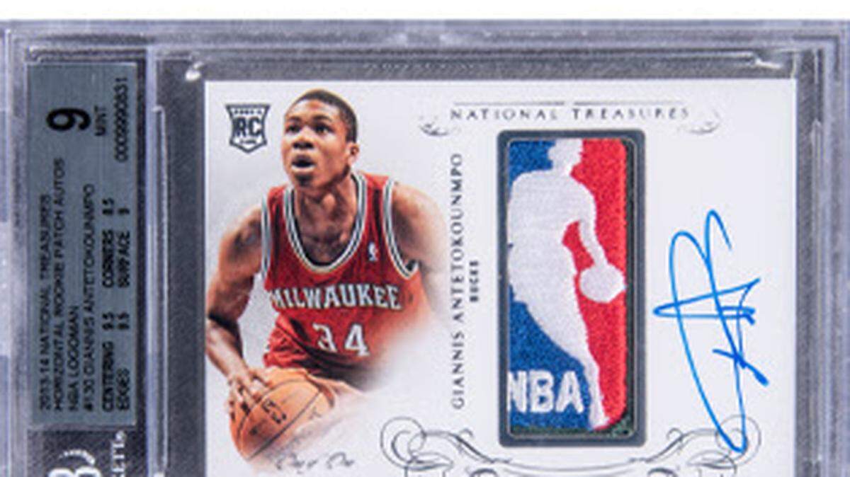 The 2013-14 National Treasures Horizontal (RPA) #130 Giannis Antetokounmpo Signed NBA Logoman Patch Rookie Card