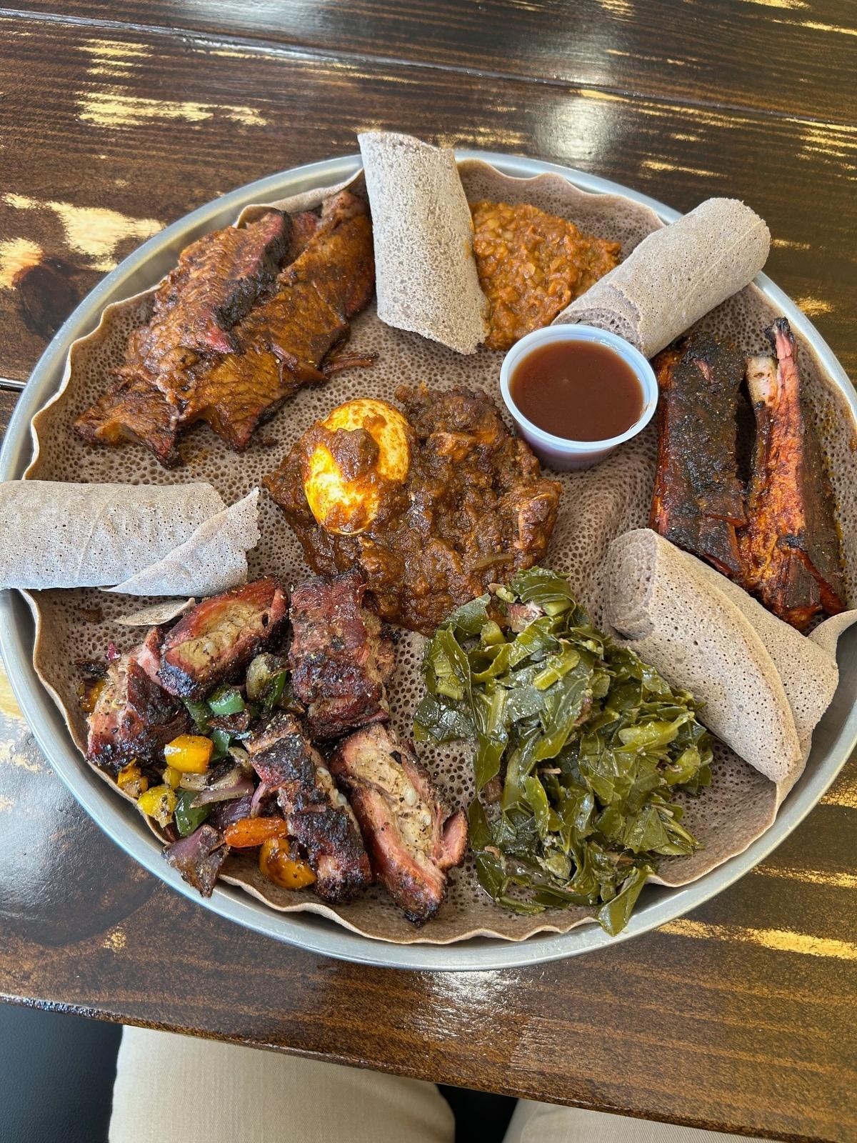 The Tex-Ethiopian platter for two at Smoke‘N Ash BBQ in Arlington. 