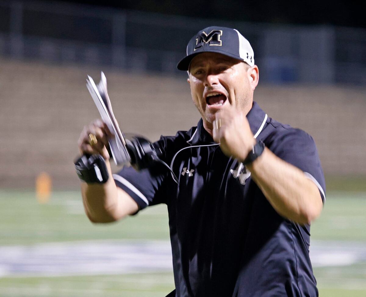 Mansfield head coach Greg George yells at an official after a no-call during a UIL football game at Vernon Newsom Stadium in Mansfield Texas, Thursday, Oct. 03, 2024. (Special to the Star-Telegram / Bob Booth)