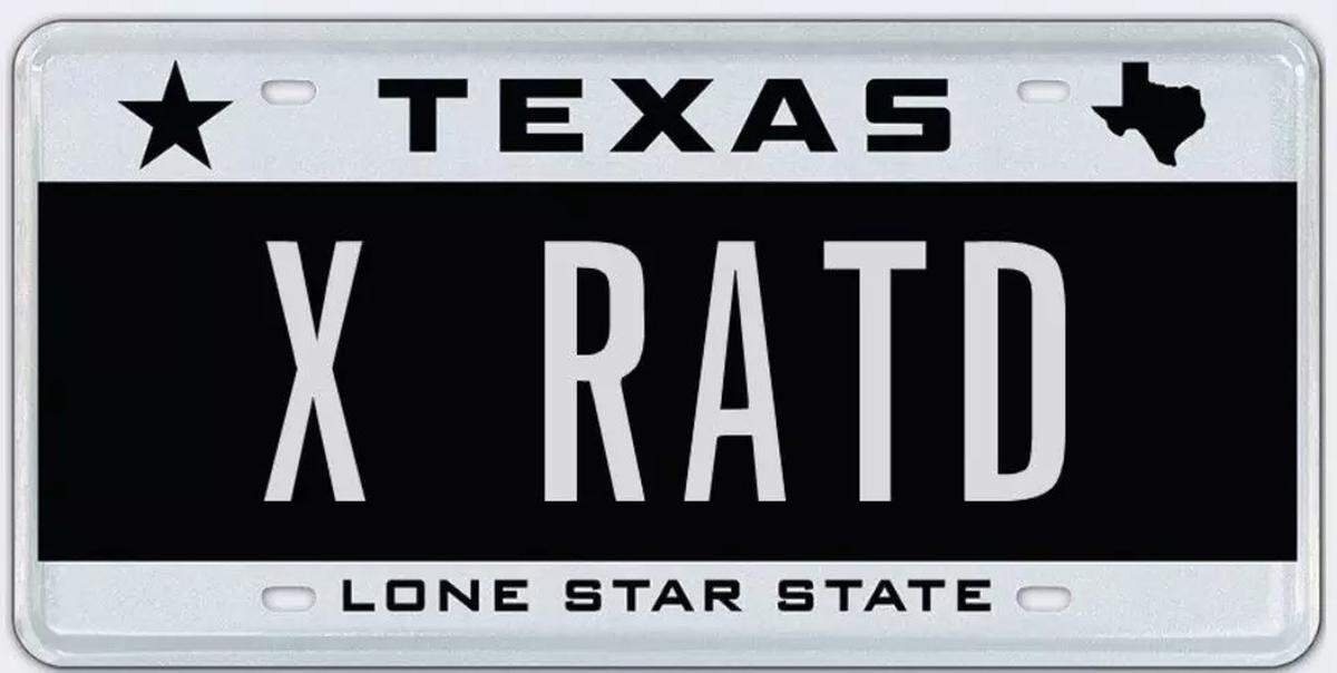 A custom license plate that was rejected in 2024 reads, “X rated.”